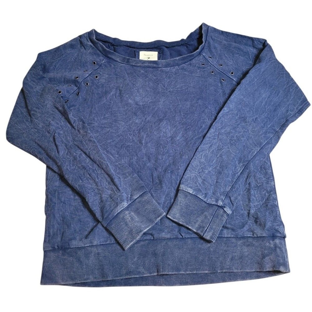 Vintage Forever 21 Washed Navy Blue Crewneck Sweatshirt Bronze Eyelet Large